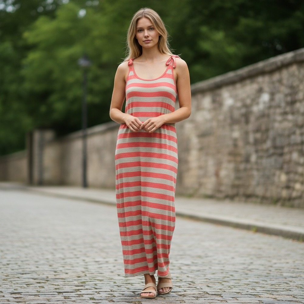 Ambiance Apparel Coral Pink Striped Racerback Maxi Dress Large 63263-8